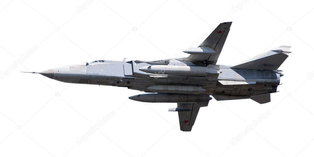 Military jet bomber  flying a  white background.