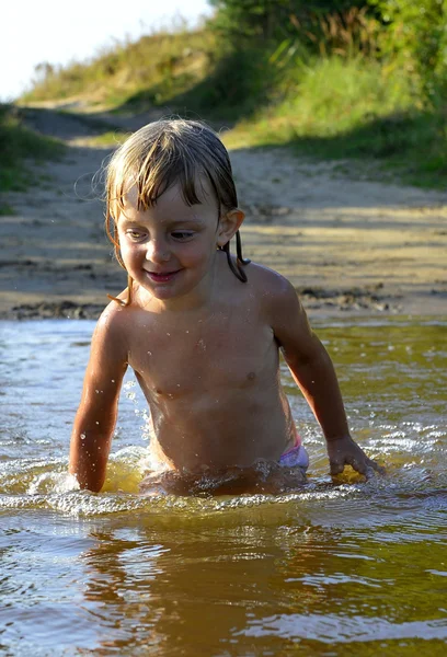 Happy Smiling Little Girl Water Sunny Day — Stock Photo, Image