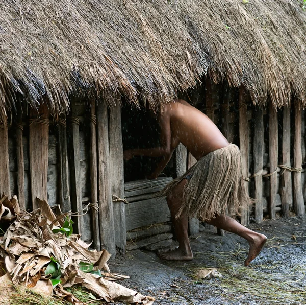 Kvinnan i en traditionell kjol gömmer sig i en koja. — Stockfoto