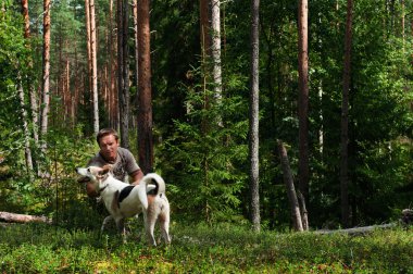 Man with the dog in the pine forest