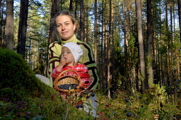 The young beautiful girl with the little daughter picking  bilberry