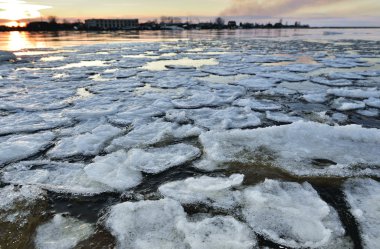 spring ice drifting at sunset