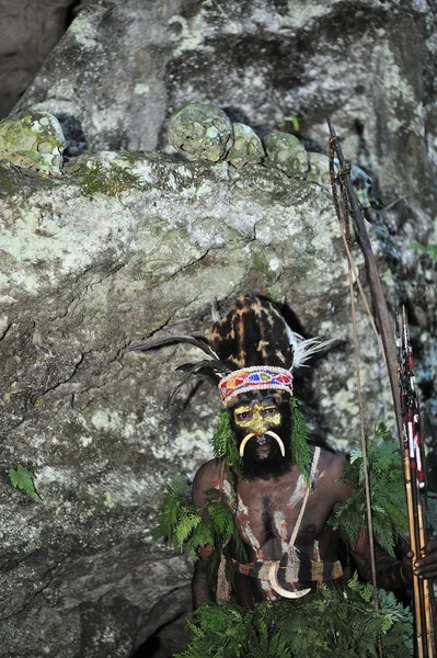 El guerrero de una tribu papuana de Yafi en ropa tradicional, adornos y colores. Isla de Nueva Guinea, Indonesia . —  Fotos de Stock