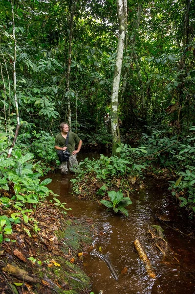 El fotógrafo en la selva pasa por un pantano . — Foto de Stock