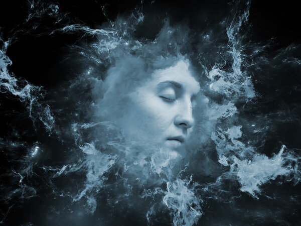 Will Universe Remember Me series. Composition of human face and fractal smoke nebula for projects on human mind, imagination, memory and dreams