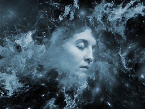 Will Universe Remember Me series. Composition of human face and fractal smoke nebula for projects on human mind, imagination, memory and dreams