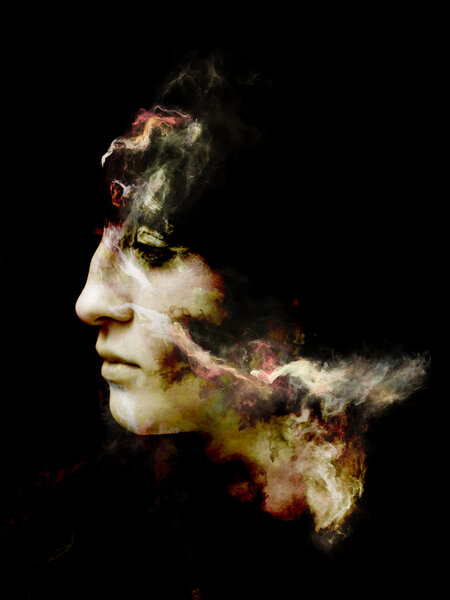 Surreal Dust Portrait series. Composition of fractal smoke and female portrait on the subject of spirituality, imagination and art