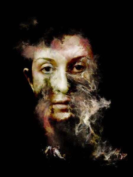 Surreal Dust Portrait series. Background design of fractal smoke and female portrait on the subject of spirituality, imagination and art