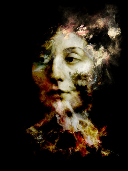 Surreal Dust Portrait series. Arrangement of fractal smoke and female portrait on the subject of spirituality, imagination and art
