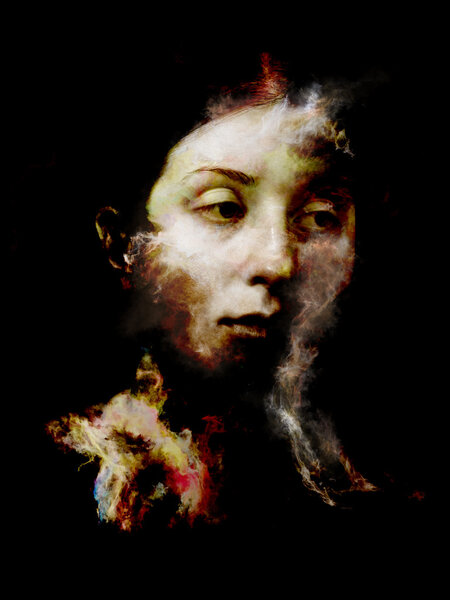Interplay of fractal smoke and female portrait on the subject of spirituality, imagination and art