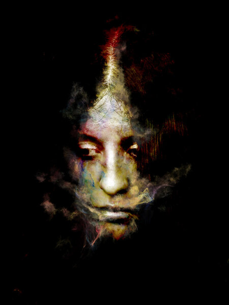 Surreal Dust Portrait series. Composition of fractal smoke and female portrait on the subject of spirituality, imagination and art