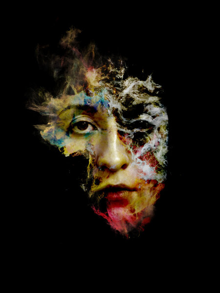 Surreal Dust Portrait series. Abstract design made of fractal smoke and female portrait on the subject of spirituality, imagination and art