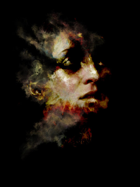 Abstract design made of fractal smoke and female portrait on the subject of spirituality, imagination and art
