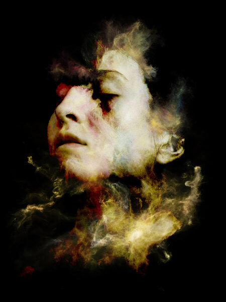 Surreal Dust Portrait series. Interplay of fractal smoke and female face on the subject of spirituality, imagination and art