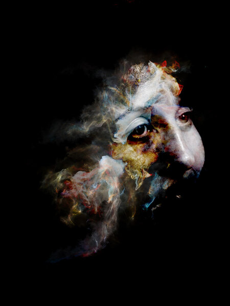 Surreal Dust Portrait series. Arrangement of fractal smoke and female portrait on the subject of spirituality, imagination and art