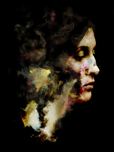 Composition of fractal smoke and female portrait on the subject of spirituality, imagination and art