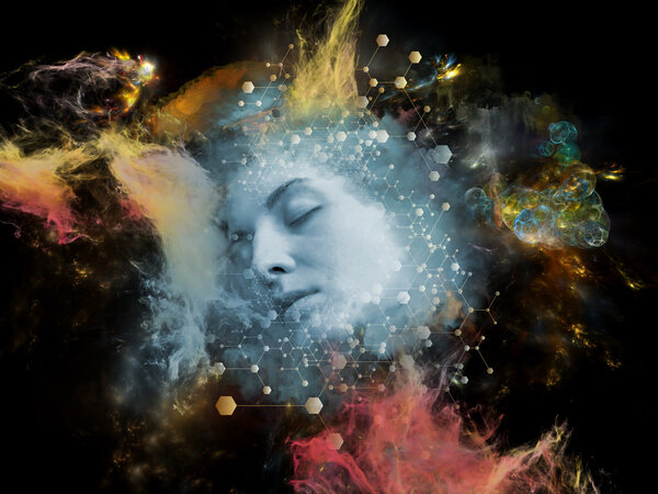 Will Universe Remember Me series. Creative arrangement of human face and fractal smoke nebula as a concept metaphor on subject of human mind, imagination, memory and dreams