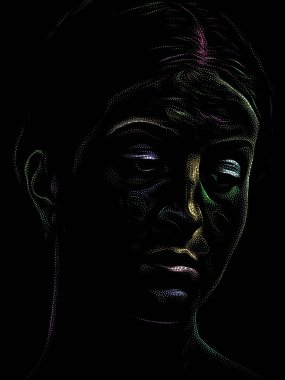 Kişilik Çalışmaları serisi. Kadın yüzü, sanat, şiir ve tiyatro projelerinde kullanılmak üzere noktalama tekniğiyle idam edildi.