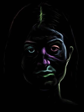 Kişilik Çalışmaları serisi. Sanat, şiir ve tiyatro projelerinde kullanılmak üzere Benekleme Tekniğiyle idam edilen genç bir kadının yüzü.