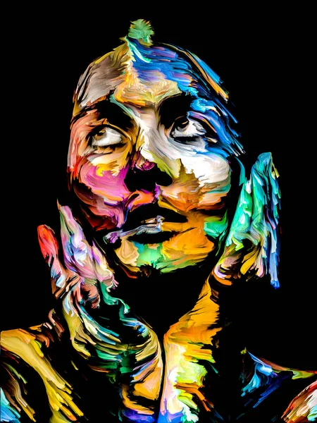 多色の女 フェイスペイントシリーズ 創造性 想像力 絵画や視覚芸術のためのメタファーとして黒のキャンバス上の若い女性のカラフルな肖像画で構成されるデザイン — ストック写真