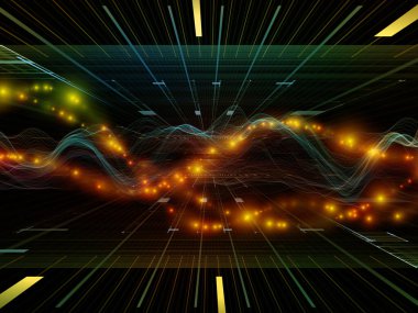 Sanal Evren. Sanal Dalga serisi. Veri transferi, sanal, yapay, matematiksel gerçeklik konularında yatay sinüs dalgaları ve ışık parçacıklarının arkaplan tasarımı.