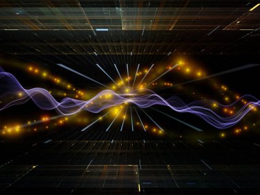 Veri Alanı Sanal Dalga serisi. Veri transferi, sanal, yapay, matematiksel gerçeklik için yatay sinüs dalgaları ve ışık parçacıklarından oluşan tasarım.