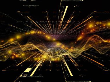 Veri Alanı Sanal Dalga serisi. Veri transferi, sanal, yapay, matematiksel gerçeklik için yatay sinüs dalgaları ve ışık parçacıklarından oluşan tasarım.