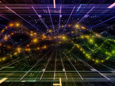 Sanal Mikro Dünya. Sanal Dalga serisi. Veri transferi, sanal, yapay, matematiksel gerçeklik projeleri için yatay sinüs dalgaları ve ışık parçacıklarından oluşan tasarım.