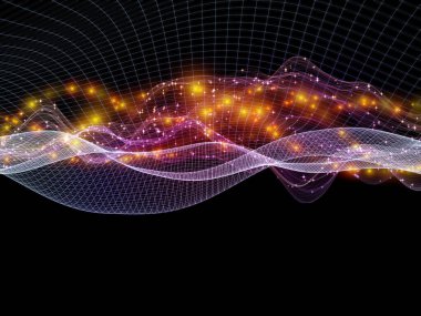 Dijital Dünyalar. Sanal Dalga serisi. Veri transferiyle ilgili yatay sinüs dalgaları ve ışık parçacıklarından oluşan soyut tasarım, sanal, yapay, matematiksel gerçeklik.