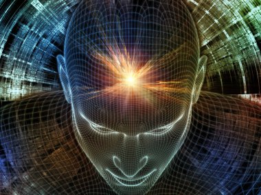 Parlak Düşünce. Bilinçli Zihin serisi. Yapay zeka, insan bilinci ve manevi yapay zeka için 3 boyutlu parlayan tel örgü insan yüzü bileşimi