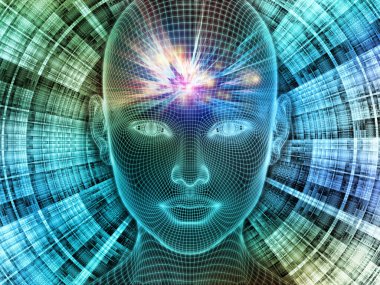 Parlak Düşünce. Bilinçli Zihin serisi. Parlayan kablonun 3 boyutlu görüntülenmesi yapay zeka, insan bilinci ve manevi yapay zeka ile ilişkili insan yüzü.