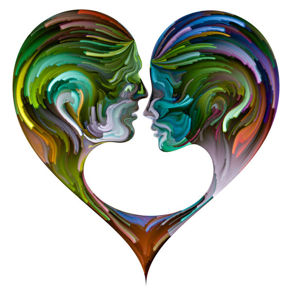 "Soul Mates". Мужские, женские и эмбриональные контуры соединились в символ формы сердца с мазками цифровой краски. Иллюстрация на тему любви, родительства, брака и семьи.