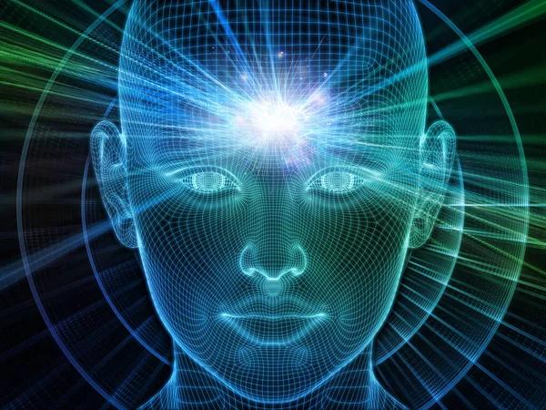 輝く思考 Lucid Mindシリーズ 人工知能 人間の意識 精神的なAiに関連する輝くワイヤメッシュ人間の顔の3Dレンダリングの相互作用 — ストック写真