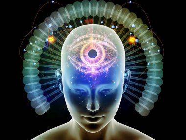İnsan kafasının 3 boyutlu yansıması. Fraktal elementler ve yapay zeka, modern teknoloji ve insan zihni üzerinde stilize edilmiş göz..