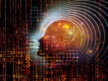 Zihin serisinin doğuşu. Genel yapay zeka ve modern teknoloji üzerine insan kafası siluetleri ve sayı şebekelerinin arka planı.