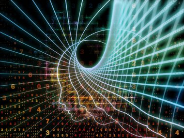 Zihin serisinin doğuşu. Genel yapay zeka ve modern teknoloji üzerine insan kafası siluetleri ve sayı şebekelerinin arka planı.