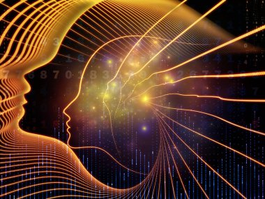 Zihin serisinin doğuşu. Genel yapay zeka ve modern teknoloji üzerine insan kafası siluetleri ve sayı şebekelerinin arka planı.