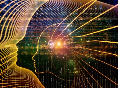 Zihin serisinin doğuşu. Genel yapay zeka ve modern teknoloji üzerine insan kafası siluetleri ve sayı şebekelerinin arka planı.