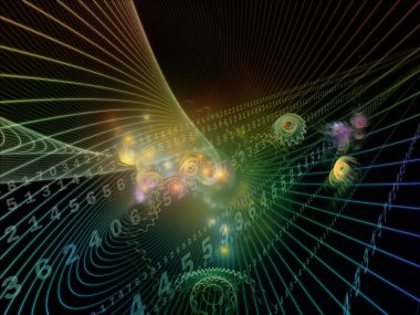 Integral Stream serisi. Eğitim, bilim ve modern teknoloji konularında derin perspektifte numaralar, ızgaralar, dişliler ve ışıklar.