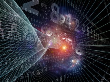 Integral Stream serisi. Eğitim, bilim ve modern teknoloji konularında derin perspektifte numaralar, ızgaralar, dişliler ve ışıklar.