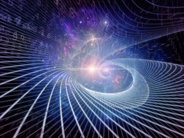 Integral Stream serisi. Eğitim, bilim ve modern teknoloji konularında derin perspektifte numaralar, ızgaralar, dişliler ve ışıklar.