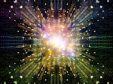 İşlemcinin özeti, fraktal geometri ve bilgisayar bilimi ve teknolojisi konularındaki ışıkların soyut 3D çizimi