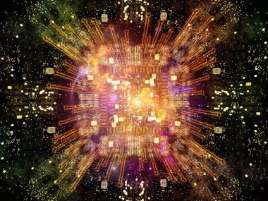 İşlemcinin özeti, fraktal geometri ve bilgisayar bilimi ve teknolojisi konularındaki ışıkların soyut 3D çizimi