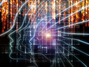 Bilgi Aklı serisi. İnsan silueti ve ışıltılı akarsu çizgileri eğitim, bilim ve modern teknoloji konularında kompozisyon oluşturur.