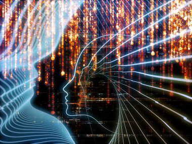 Bilgi Aklı serisi. İnsan silueti ve ışıltılı akarsu çizgileri eğitim, bilim ve modern teknoloji konularında kompozisyon oluşturur.