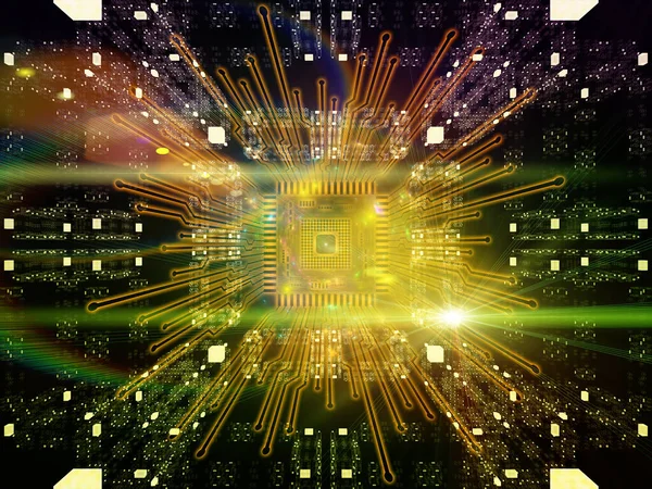 Abstract Illustration Cpu Outlines Fractal Geometry Lights Subject Computer Science — Stock Photo, Image