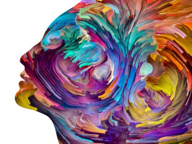 Rahatsız edici Düşünceler serisi. İnsan yüzü siluetinde hareketli renkli boya. İç dünya, zihin, psikoloji, depresyon, anksiyete, zihinsel hastalık, yaratıcılık ve soyut sanat konularındaki sanat çalışmaları.