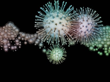 Coronavirus Evreni. Viral Salgın Serisi. Virüs, salgın, enfeksiyon, hastalık ve sağlık konularında 3 boyutlu Coronavirus parçacıkları ve mikro uzay elementleri