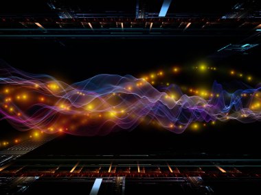 Sanal Mikro Dünya. Sanal Dalga serisi. Veri transferi, sanal, yapay, matematiksel gerçeklik için yatay sinüs dalgaları ve ışık parçacıklarının 3B çizimi.