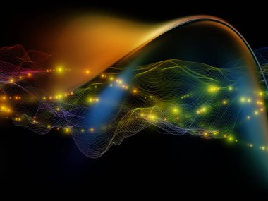 Uzayda veri. Sanal Dalga serisi. Veri transferi için uygun yatay sinüs dalgaları ve ışık parçacıklarının soyut bileşimi, sanal, yapay, matematiksel gerçeklik.